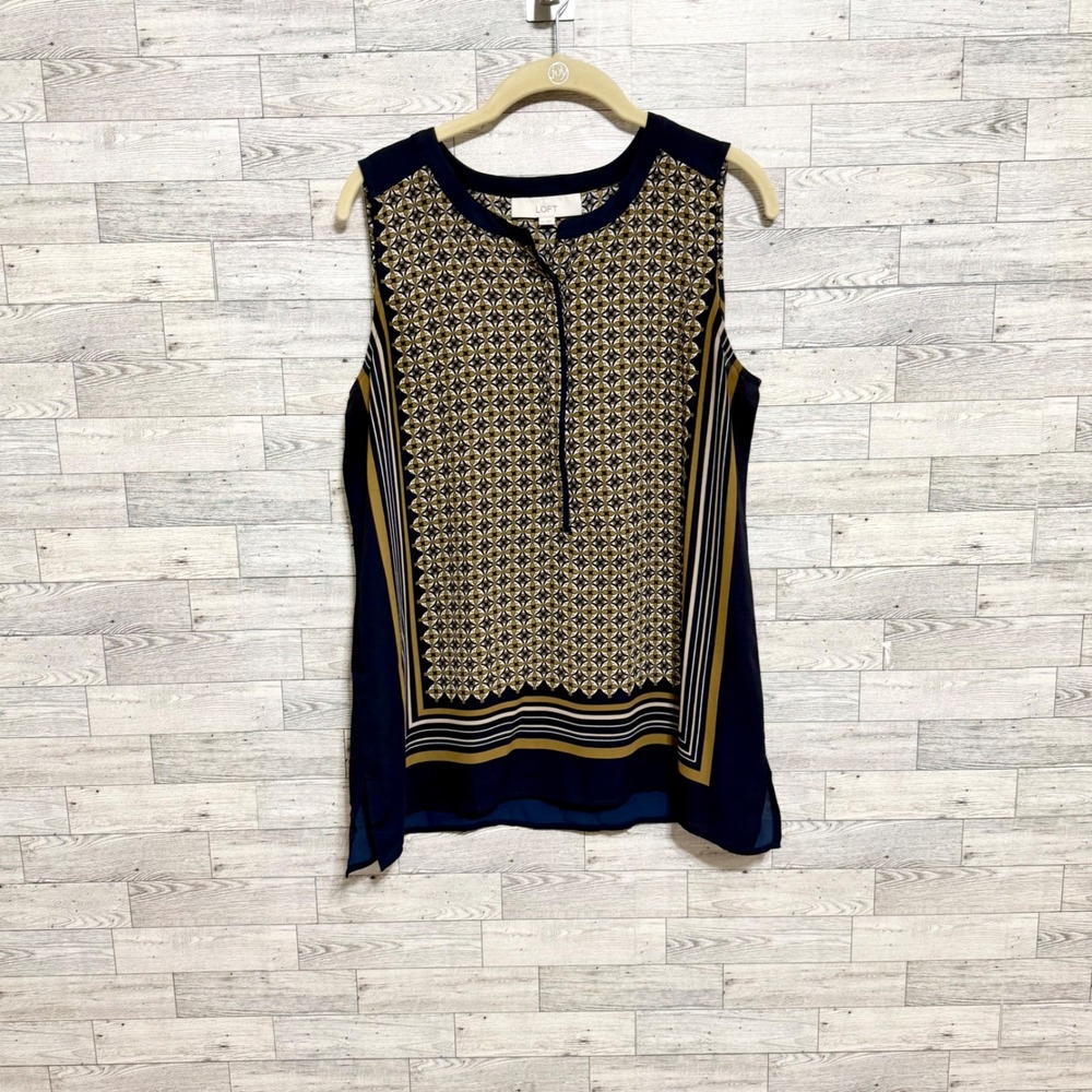 Loft Sleeveless Sz-Medium Geometric Print Button Neck Blouse Women's Navy Gold - Picture 6 of 10